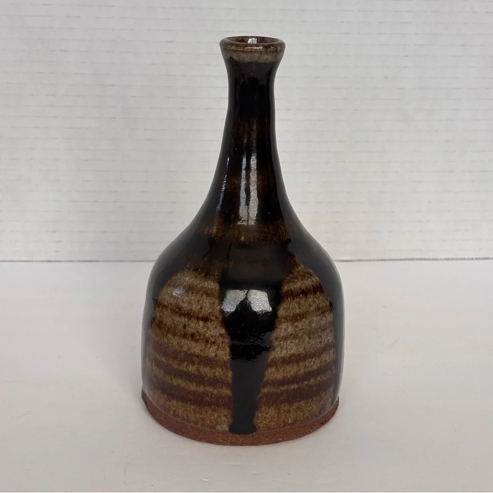 VTG, MCM, Hand Thrown Pottery, Bud Vase, Drip Glazed, Signed By Artist 6.5”
